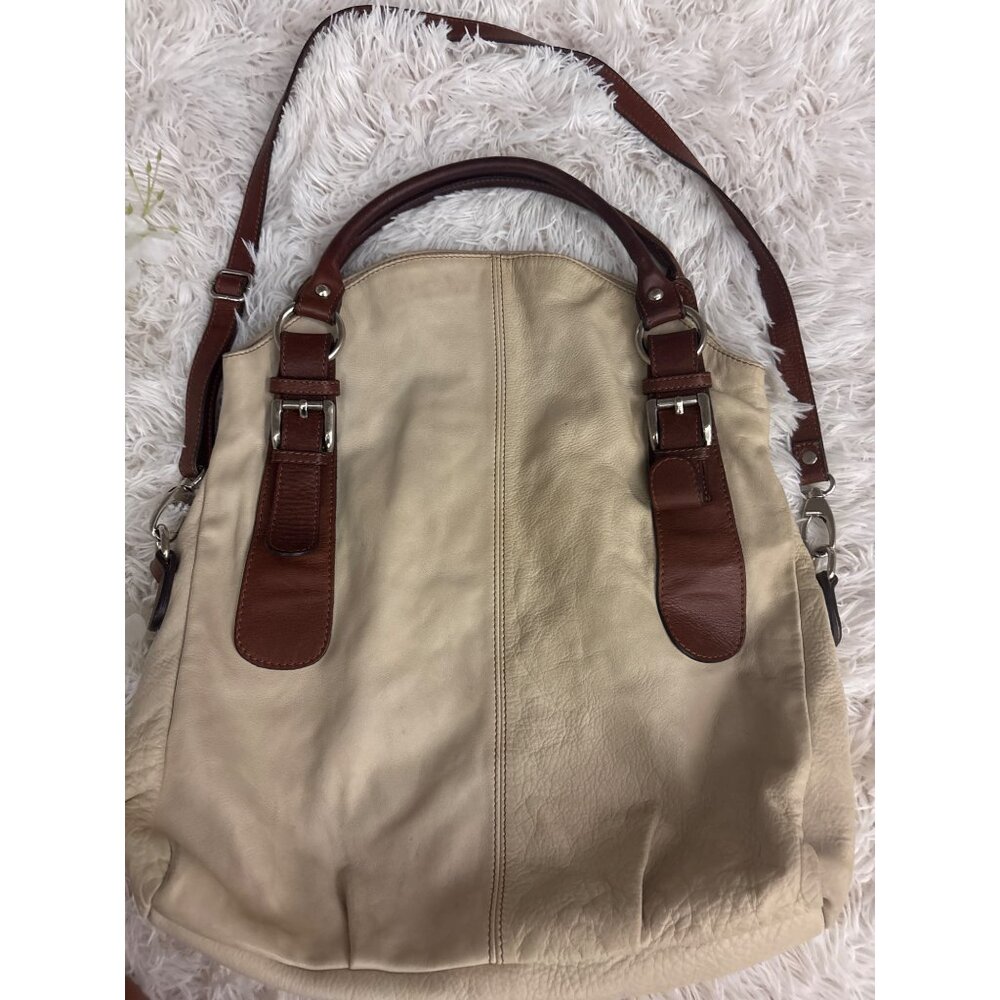Firenze Genuine Leather Beige & Brown Hobo Bag With Adjustable Strap & Inner Poc